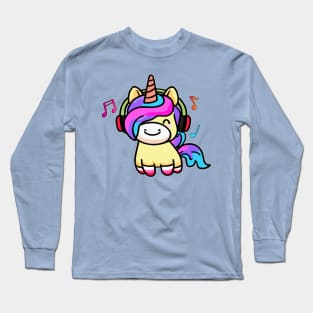 Happy smiling baby unicorn with headphones. Kawaii cartoon Long Sleeve T-Shirt